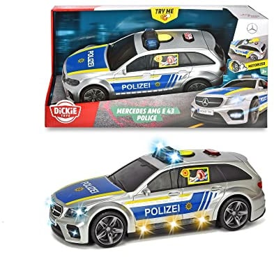 Dickie Toys Mercedes-AMG E43 Polizeiauto, Polizei, motor. Spielzeugauto, Heckklappe öffnet per Knopfdruck mit Hundegebell-Soundeffekt, inkl. Batterien, 30 cm, Silber/Blau