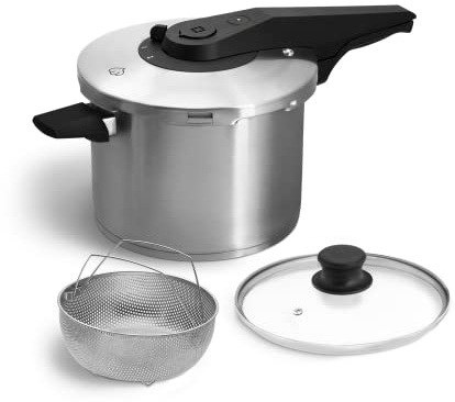 Springlane Schnellkochtopf Edelstahl 6L Induktion | Dampfkochtopf Set inkl. Dampfgarer & Glasdeckel | 5-fach Sicherheitssystem | 2 Kochstufen zum schnellen, vitaminschonenden Garen