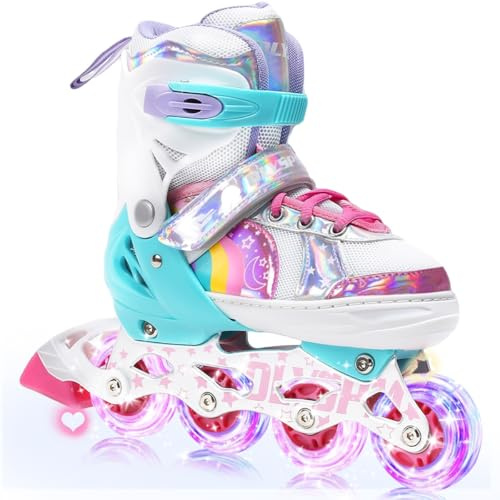 OLYSPM Inliner Kinder für Mädchen und Jungen,Regenbogen-Design,Rollschuhe Kinder in 4 Größen für Drinnen und Draußen