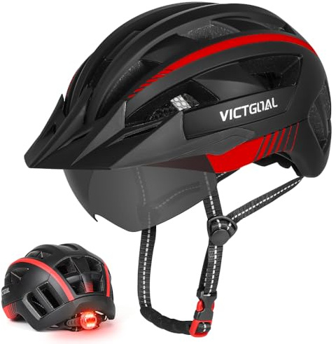 VICTGOAL Fahrradhelm MTB Mountainbike Helm mit magnetischem Visier Abnehmbarer Sonnenschutzkappe und LED Rücklicht Radhelm Rennradhelm für Erwachsenen Herren Damen (Black Red, L: 57-61cm)