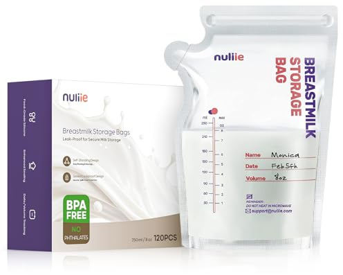 Nuliie 120 Stück Muttermilchbeutel, 250ml BPA-freie Muttermilch Aufbewahrungsbeutel, Milchbeutel für Muttermilch mit Ausgießer für das Stillen, Selbststehende, Kann Eingefroren Werden, Platzsparende
