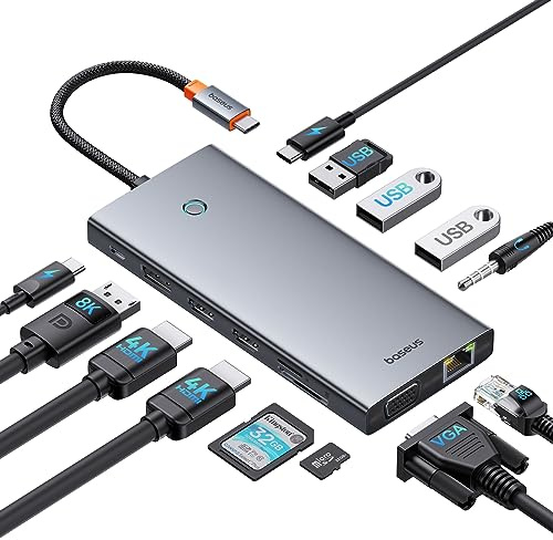 Baseus USB C Docking Station 3 Monitore, 13-in-1 USB C Hub mit 2 HDMI 4K@60Hz, DisplayPort 4K@120Hz, VGA, USB 3.1 10 Gbps Datenübertragung, PD 100W und Ethernet für Dell/HP/Lenovo/Surface Laptop
