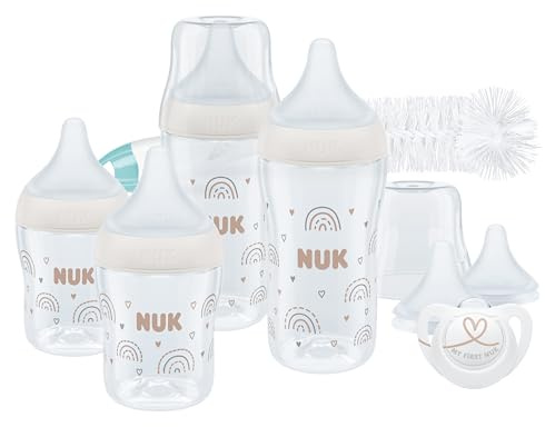 NUK Perfect Match Perfect Start Babyflaschenset | Ab 0 Monate | Passt sich dem Baby an | 4 Anti-Kolik-Babyflaschen, Schnuller, Flaschenbürste und mehr | BPA-frei | 9 Stück