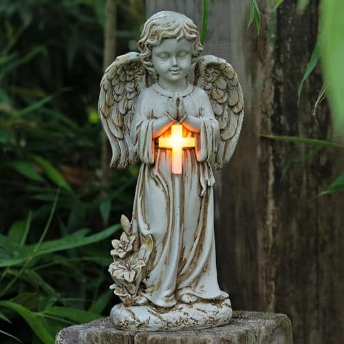 Tuzsocr Betender Solar Grabengel mit LED Kreuz, wetterfest, 31 cm | LED-Kreuz leuchtet automatisch bei Dunkelheit, wetterfest für Friedhof und Garten, tröstliches Beileidsgeschenk