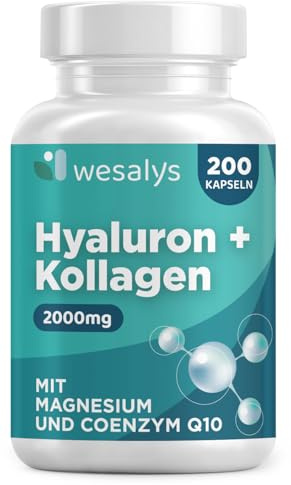Hyaluron Kollagen Komplex - 200 Kapseln – 2000mg Collagen hochdosiert Angereichert mit Hyaluronsäure, Coenzym Q10, Zink, Vitamin C, Vitamin A, Vitamin E, Magnesium – Laborgeprüft