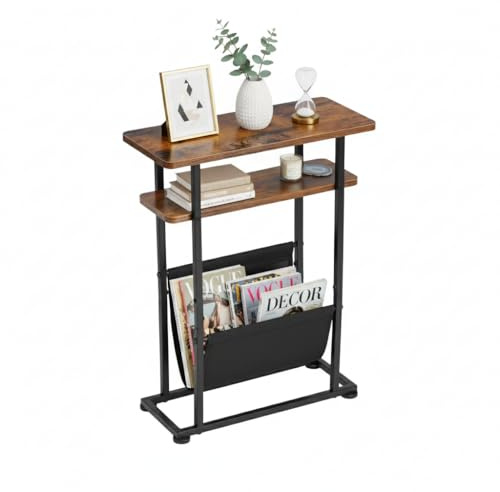 ZEXVIDA Kleiner Beistelltisch für kleine Räume, Schlanker Couchtisch mit Zeitschriftenhalter - 2 in 1 Schmaler Sideboard Wohnzimmer, Dünner Nachttisch Schlafzimmer mit Ablage(Rustikal Braun)