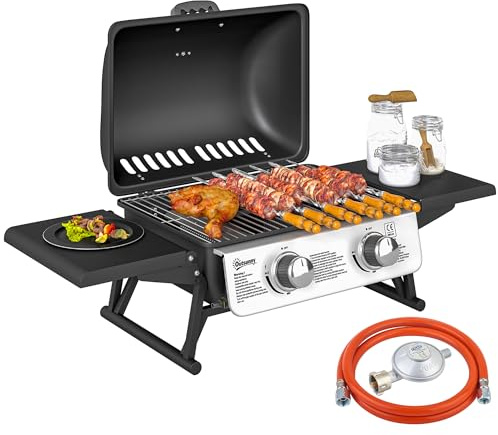 Outsunny Gasgrill 5,6 KW Gas-Grill inkl 2 Edelstahl-Brenner klappbar Seitenablagen Druckminderer Gasschlauch Deckel Thermometer, BBQ Gartengrill für Balkon, Camping-Grill 101 x 48 x 41 cm