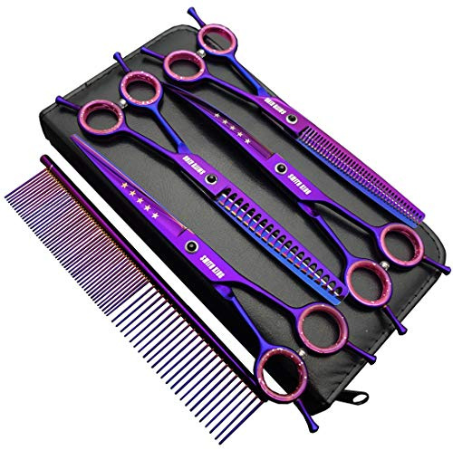 7,0 Zoll Professional Dog Grooming Scissors Set Gerade & Ausdünnen & Gebogen & Chunker & Kamm 5 Stück in 1 Set für Linkshänder & Rechtshänder