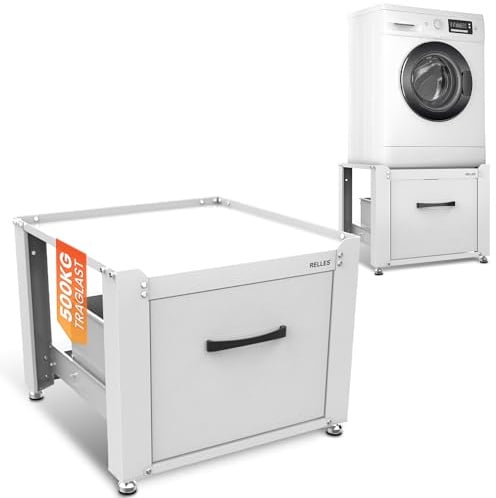 RELLES Waschmaschinen Untergestell mit Schublade, 500 kg Tragkraft, Unterbau aus Stahl, 62x62x50,5 cm (LxBxH), Podest für Waschmaschine und Trockner, Unter Schrank Erhöhung, Höhenverstellbare Füße