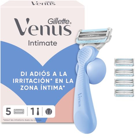 Gillette Venus Intimate Rasierer Damen, Hellblau | Damenrasierer für Den Intimbereich, Intimrasierer für Frauen, Nassrasierer, Inkl. 5 Rasierklingen, Handstück, Duschhalterung
