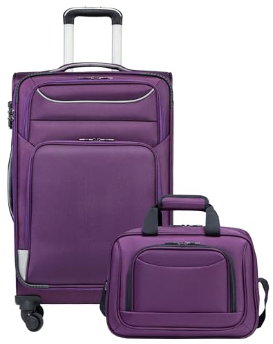 COOLIFE Koffer Trolley Koffer Reisekoffer von 4 Rollen Stoffkoffer Handgepäck TSA-Schloss Der Koffer Enthält 1 Große Umhängetasche (Mittlerer Koffer-Set 2tlg, lila+Silber)
