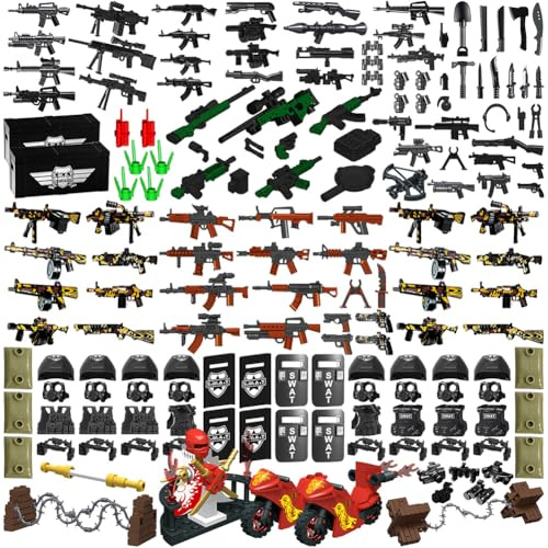 Nicolababe Waffenpaket 225-teiliges Zubehör Militärwaffenset inkl. Helm, Körperschutz, Umhang und Motorrädern, entwickelt für Minifiguren, kompatibel mit Minifiguren aller großen Marken (SWAT-Waffe)