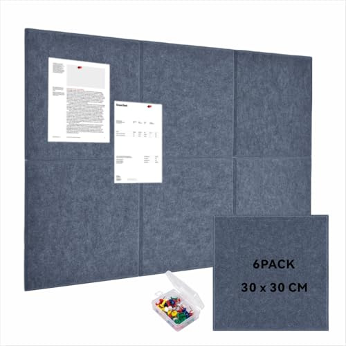 BravoForge Groß Pinnwand Filz, 6 Stück 30 x 30 cm Dunkelgrau Filzwand mit 30 Stecknadeln und 36 Sichere Abnehmbaren Klebetabs, Korkwand-Alternativen für Wand, Haus, Büro, Fotos Memos (Dunkelgrau)