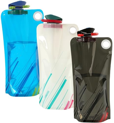NIEEKRUN 3 Stück Faltbare Trinkflasche, 1000ml Wiederverwendbare Trinkflasche Faltbar BPA Freie Wasserflasche mit Clip, Festival Flexible Trinkbeutel für Wandern Abenteuer Reisen