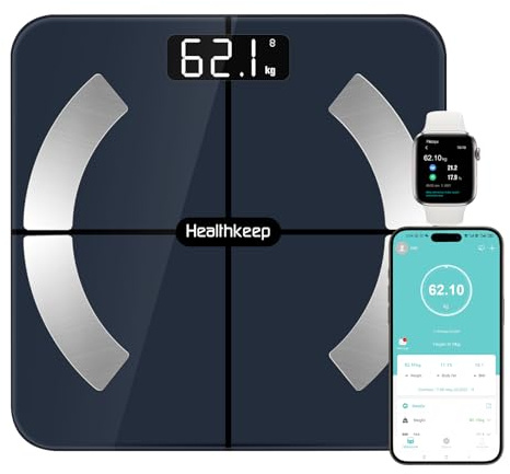 Körperfettwaage, Bluetooth Personenwaage mit App, Smart Digitale Waage für Körperfett, BMI, Gewicht, Muskelmasse, Wasser, Protein, Skelettmuskel, Knochengewicht, BMR, Schwarz
