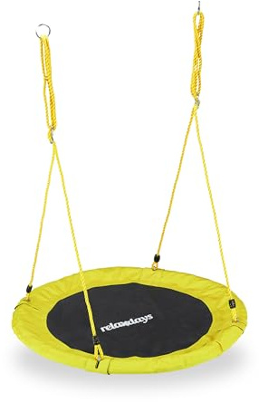 Relaxdays Unisex – Erwachsene, gelb Nestschaukel, rund, für Kinder & Erwachsene, verstellbar, Ø 90 cm, Garten Tellerschaukel, bis 100 kg, H x D: ca. 5 x 90 cm