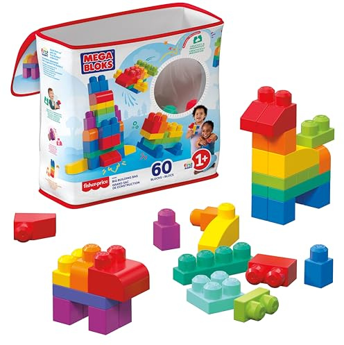 Mega Bloks, Bausteine für Kinder ab 1 Jahr, 60 Bauklötze, mit wiederverwendbarem Aufbewahrungsbeutel, fördert Kreativität und Fantasie, Spielzeug ab 1 Jahr, DCH55, Die Verpackung kann variieren.
