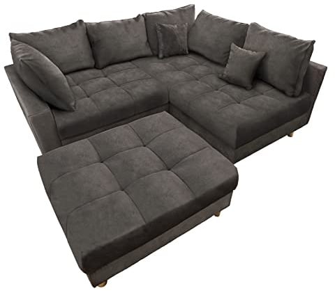 riess-ambiente.de Moderne Wohnlandschaft Kent 220cm grau Samt | Ecksofa Federkern inkl. Hocker und Kissen, Ecksofa mit Schlaffunktion | Sofa in L Form