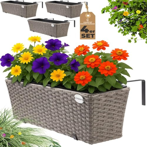 CASARIA® Blumenkasten 4er Set 11 Liter Montagehalterung Indoor Outdoor Geländerkasten Balkonkasten Pflanzkasten Creme