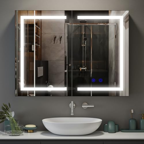 Spiegelschrank Bad mit LED-Beleuchtung, Steckdose & 3 Farbtemperaturen | Badezimmer Spiegelschrank mit Spiegel und Licht, 3 Regal 2 Tür, 3 Farbtemperaturen Dimmbar, Anti-Beschlag, 80x60x15cm, Weiß