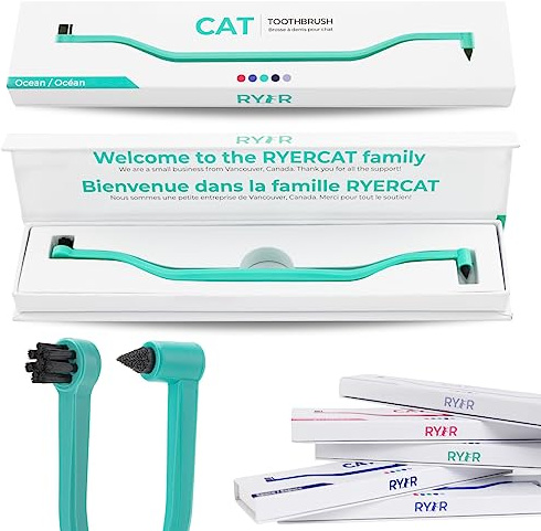 RYERCAT Katzenzahnbürste - Doppelseitige Katzenzahnbürste mit Mikrokopf für Katzen/Kätzchen - Katzenzahnpflege (Ozeanblau)