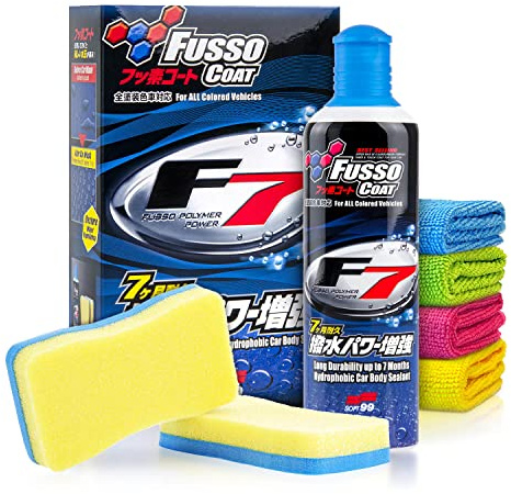 Soft99 Fusso Coat F7 300ml mit 2 Applikatoren & 4 Tüchern – 7-teilig | 2 Coating-Applikatoren plus 4er Tuch-Set – Flüssigwachs dünn auftragen, auspolieren und Lackpflege komplettieren