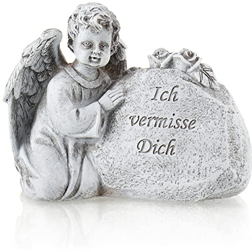 com-four® Grabdekoration Engel, Gedenkstein mit Rosen und Inschrift, wetterfester Grabschmuck, Trauerstein mit Gedenkspruch (1 Stück - Engel Beistand)