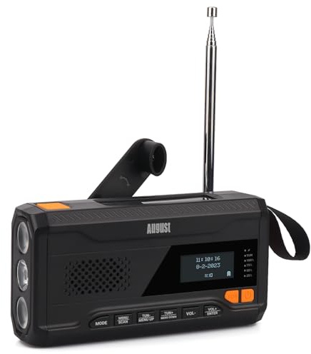August MB290B wiederaufladbares DAB+/FM Kurbelradio mit Bluetooth&Powerbank | Notfallradio mit Akku, 60 Presets, Taschenlampe, Sleeptimer, SOS-Alarm, Kopfhöreranschluss für Camping/Wandern/Zelten-Schwarz