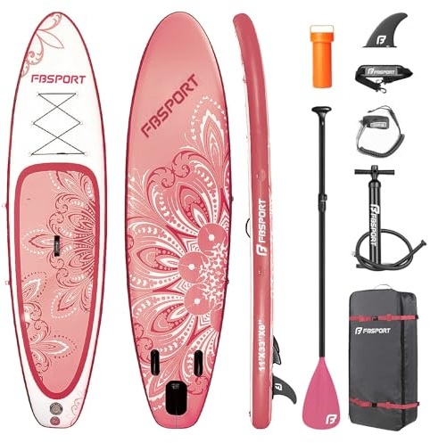 FBSPORT Aufblasbares SUP Board, Stand Up Paddling Board, Aufblasbare Stand Up Paddle Board für Stand-Up Paddling 15CM Dick, Surfbrett Kit mit Verstellbares Aluminium SUP Paddel+Pumpe(PinkWhite)