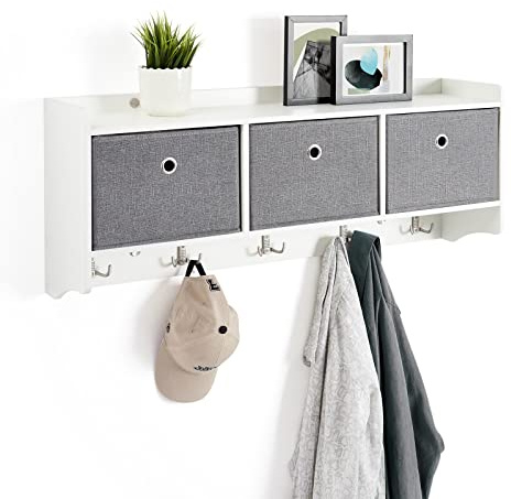 Mondeer Wandgarderobe mit Ablage, Garderobe mit 3 Körben und 5 Haken Holz Mode Stil für Eingang Flur Schlafzimmer Wohnzimmer, B98 x H40 x T22 cm, Weiß