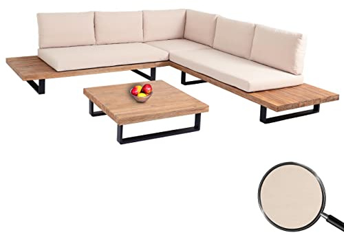 Mendler Garten-Garnitur HWC-H54 Akazie Alu - Hellbraun, Polster beige | Garnitur, Sitzgruppe, Lounge-Set, Spun, Poly, Holz, FSC®