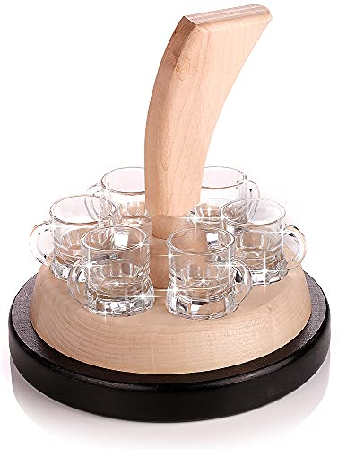 Gravuren Feller Schnapsgeschenk, Eisstock mit Gläser, Geschenkset mit 6 Gläsern, rustikales Holzdesign in Handarbeit Hergestellt – für Hüttenabende und Winterpartys, Gravurfähig nach Ihrne Wünschen
