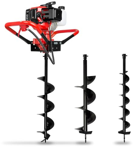 EBERTH Erdlochbohrer Erdbohrer Gartenbohrer Benzin 3PS, Inkl. 3 Bohrer mit 100, 150, 200mm Durchmesser, Großer Griff, 52ccm, 2-Takt Motor, 1,2L Tank, Fliehkraftkupplung, stufenlose Drehzahlsteuerung