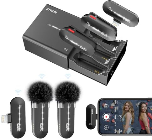 SYNCO Mikrofon Handy P2SL 2.4GHz Lavalier Mic Kabellos【MFi Zertifiziert】 Smartphone Funkmikrofon mit Ladebox & 2*RX 1*TX, für iPhone ipad, Mikrofon-Lavalier-Wireless-Funkmikrofon-Lightning