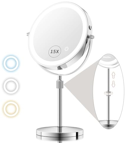 8-Zoll Höhenverstellbarer Schminkspiegel mit Beleuchtung, 15X/1X Wiederaufladbarer Kosmetikspiegel mit Beleuchtung, Stufenlos Dimmbarer Vergrößerungsspiegel mit Licht, 360° Drehbarer Tischspiegel