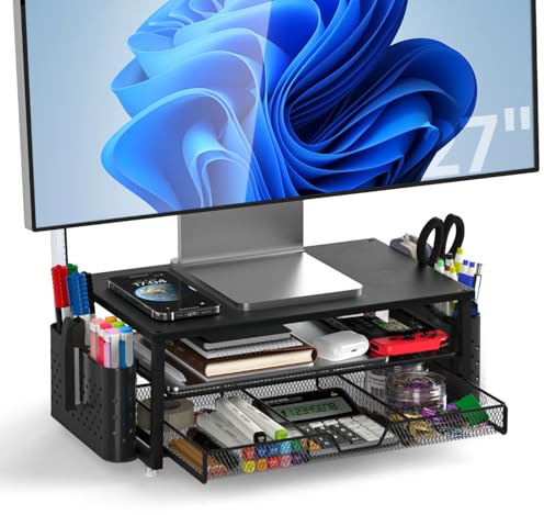 MOWETOO Monitor Ständer mit 2 Ebenen,Druckerständer, Monitorständer mit Gitterplattform, Schublade und Stifthalter, geeignet für Laptop, Computer, PC, Drucker, Beamer bis zu 20 kg (Matte Black)