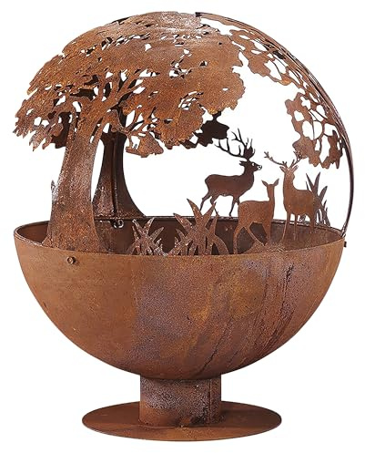 Kobolo Feuerschale Feuerkorb Forest Kugelform rund mit Motiv - Metall Rostoptik 50x50x60cm Durchmesser 50cm