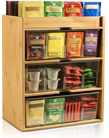 KAMJUNTAR Teebeutelbox Teebox Bambus mit 3 Ebenen Teebeutelhalter Teedose Teebeutel Aufbewahrung Organizer für Teebeutel, Büro, Küche, Schrank