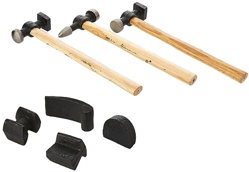 Brüder Mannesmann Ausbeulsatz 7-tlg., Karosseriewerkzeug, entfernt Dellen an Auto und Metall, mit Hammer, Amboss und Handfäustel, Holzgriff für präzises Arbeiten | M 207-R