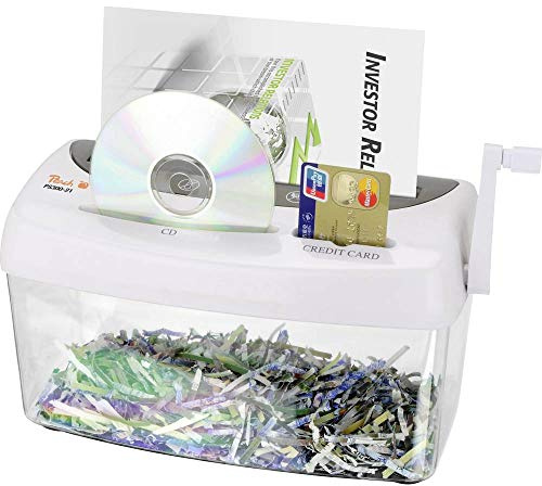 Peach Aktenvernichter P4 1 Blatt - Schredder manuell A4 klein ohne Strom | Partikelschnitt Aktenschredder für CD Kreditkarten Plastikkarten, 4L Auffangbehälter, CO2 neutrales Aktenvernichten PS300-21
