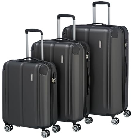Travelite Kofferset 3 teilig Hartschale L/M/S, 4 Rollen, City, Größe S Handgepäck, Reisekoffer Trolleys mit kratzfester Oberfläche, TSA Schloss + Dehnfalte (außer Größe S)