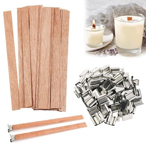 25 PCS Kerzendochte mit 25 PCS Eisenständer, Kerzen Machen Holzdocht für DIY Kerzenherstellung Handwerk, Rauchfreie Natürliche Umweltfreundliche Holzdochte für die Kerzenherstellung