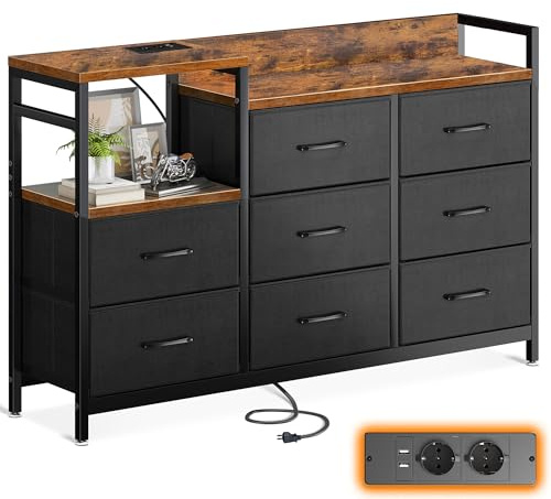 ODK Kommode mit Schubladen, 2 USB & 2 AC-Anschlüssen, 8 Schubladen aus Stoff - Geeignet für Multifunktionaler Schubladenschrank für Schlafzimmer und Wohnzimmer, 132 * 30 * 88 cm,Vintage und Schwarz