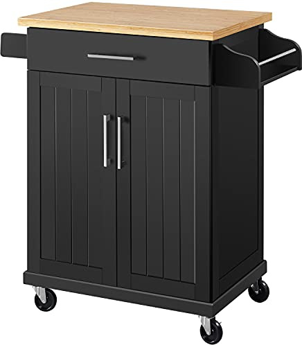 Yaheetech Küchenwagen auf Rollen, Landhausstil, 60 x 40 x 88,5 cm, Schwarz | Bewegliche Kücheninsel, Servierwagen mit Schublade und 3 Schränken, Arbeitsplatte aus Holz, Küchentrolley