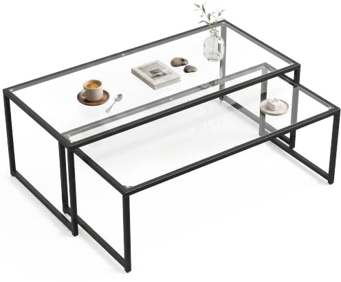 HOMCOM Couchtisch 2er-Set Stapelbar mit Tischplatte aus Glas Schwarz | Beistelltisch, Rechteckig Kaffeetisch, Satztisch, Wohnzimmertisch, Glastisch für Schlafzimmer, Wohnzimmer