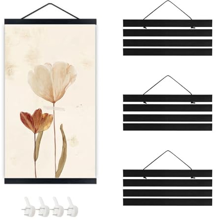 LNSYSNS 4 Stück Magnetische Posterleiste A4, 21 cm Holz Posterschiene | Schwarze Magnetische Posterhalter, mit Aufhängekordel & Unsichtbaren Bildnägeln, für Poster, Fotos, Kunstdrucke