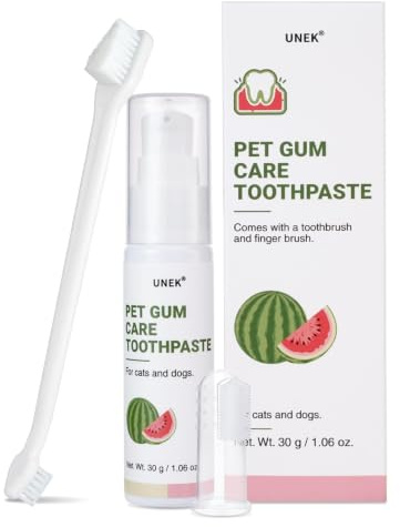 UNEK Enzymatische Zahnpasta für Hunde & Katzen – Zahnfleischpflege mit Probiotika & Aloe Vera – Gegen Mundgeruch & Plaque – Inkl. 2 Zahnbürsten, Wassermelone Geschmack, 30g