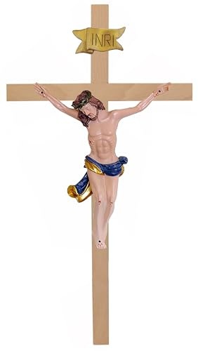 Kaltner Präsente Geschenkidee – Holzkreuz Wandkreuz Kruzifix aus Echtholz Buche Kreuz unbehandelt mit Jesus Christus Figur aus Kunststein handbemalt (Höhe 15 cm)