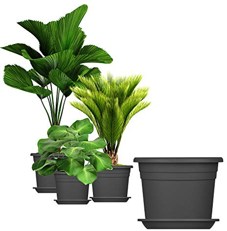 BigDean 3X Blumentopf Ø 20 cm Farbe Anthrazit & Untersetzer Kunststoff Pflanztopf Containertopf Übertopf Pflanzkübel rund 20 x 14,5 cm Blumentöpfe