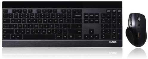 Rapoo 8900P kabelloses Tastatur-Maus Set Wireless Deskset 1600 DPI Laser Sensor 12 Monate Batterielaufzeit ergonomisch für Rechtshänder DE-Layout QWERTZ PC & Mac - schwarz